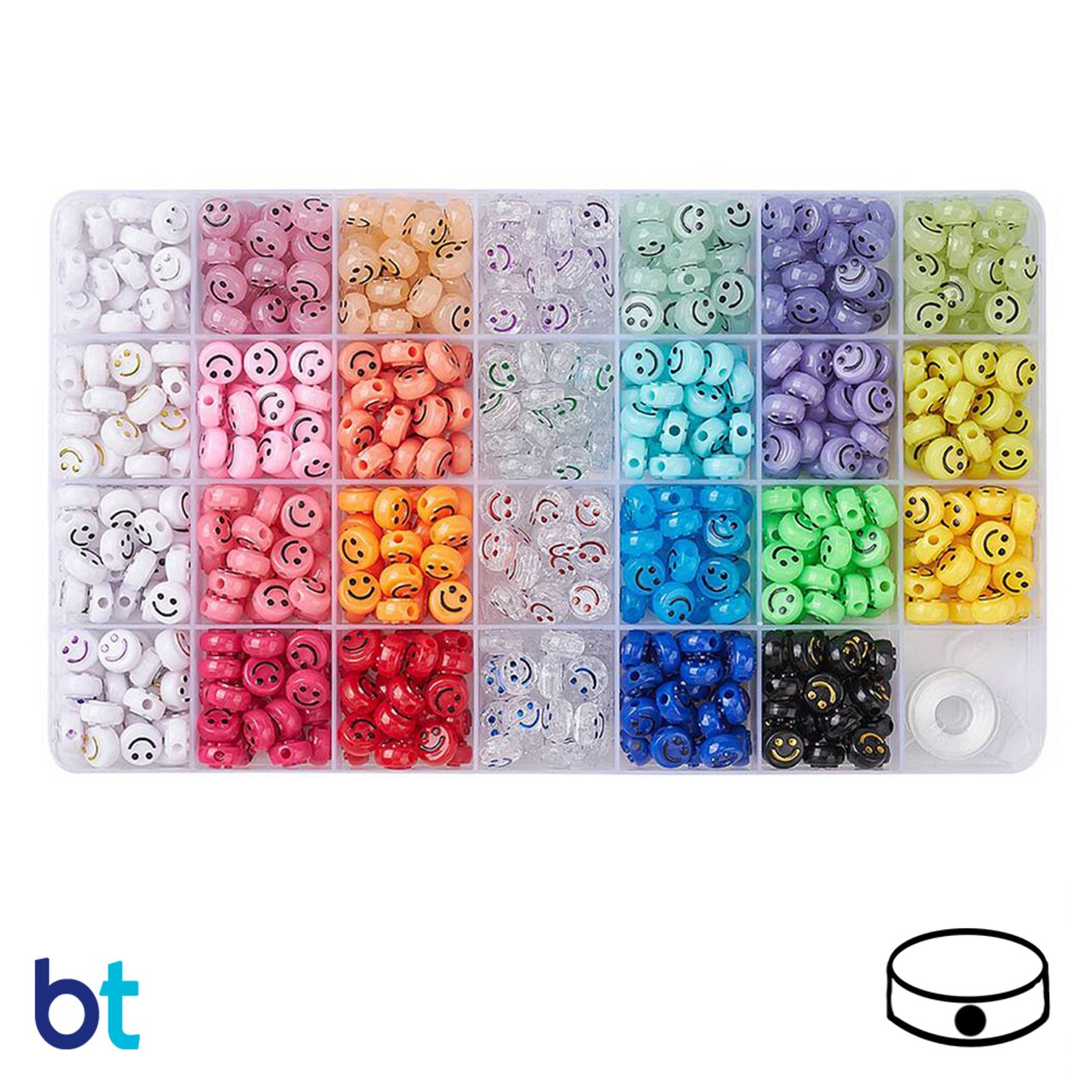 BeadTin Assorted 10mm Coin Plastic Alpha Beads - Smiley Faces (Box/24 Styles)